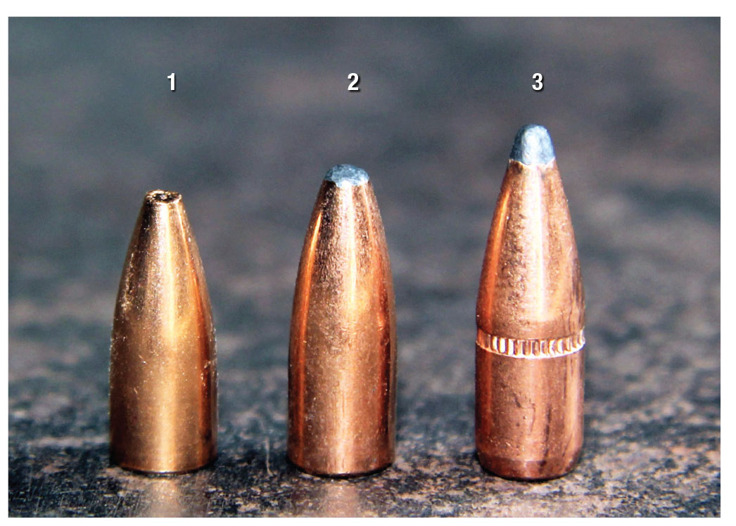 Classic bullets tested in the .22-250 Remington included: (1) Sierra’s 40-grain Varminter Hollow Point, (2) Remington’s 50-grain PSP and (3) Midsouth Shooters Supply’s 55-grain Varmint Nightmare BTSP.